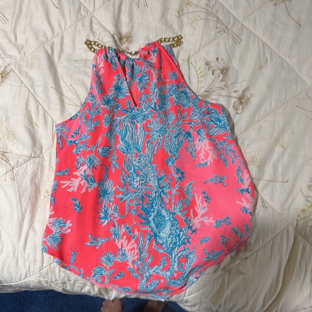 Lily Pulitzer Vibrant Coral and Blue Halter Top with Gold Chain Straps - Picture 2 of 7